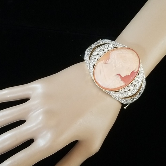 Amedeo Cameo Rhinestone Gold Tone Cuff Bracelet - Picture 15 of 16